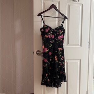 Marchesa Notte Black Lace Slip Dress with Pink Rose Embroidery